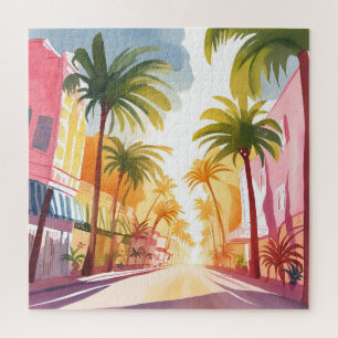 Miami Beach Helder Kleurrijk Waterverfschilderij Legpuzzel