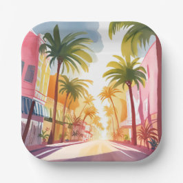 Miami Beach | Helder Kleurrijk Waterverfschilderij Papieren Bordje