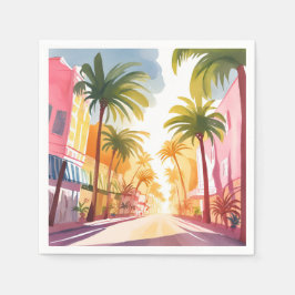 Miami Beach | Helder Kleurrijke Aquarel Schilderij Servet