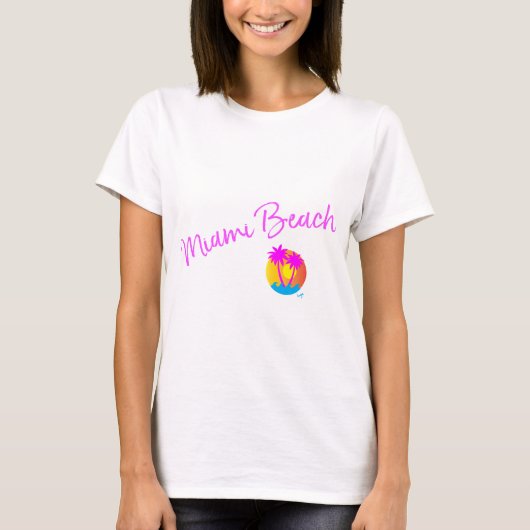 Miami-Beach-logo-zon-palmen-roze T-shirt (Voorkant)