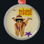 Miami Beach Metalen Ornament<br><div class="desc">reclame voor het toerisme van Miami - vliegtuig, vrouw op strand, zon en zand</div>