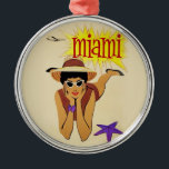 Miami Beach Metalen Ornament<br><div class="desc">reclame voor het toerisme van Miami - vliegtuig,  vrouw op strand,  zon en zand</div>