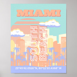 Miami Beach, Miami Travel Art, Preppy kamer, Paste Poster