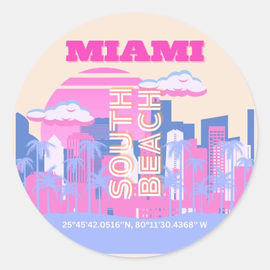 Miami Beach, Miami Travel Art, Preppy Ronde Sticker (Voorkant)