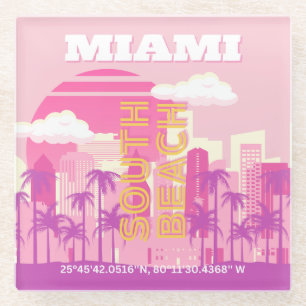 Miami Beach, Miami Travel Art, Preppy Room, roze Glazen Onderzetter