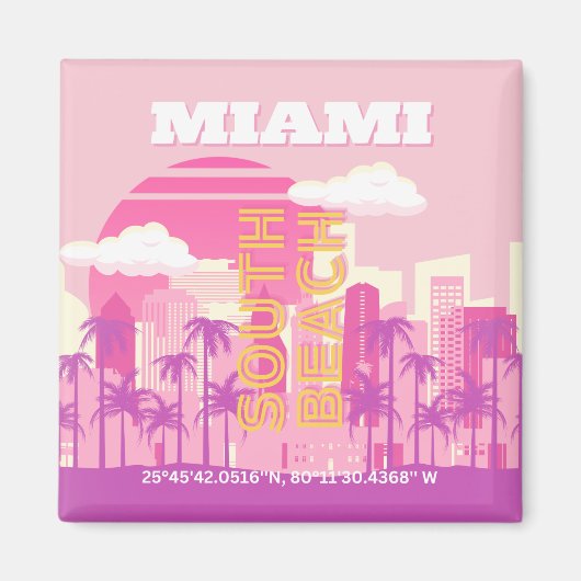 Miami Beach, Miami Travel Art, Preppy Room, roze Magneet (Voorkant)