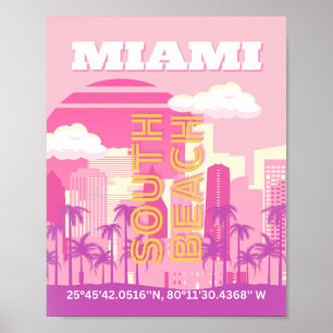 Miami Beach, Miami Travel Art, Preppy Room, roze Poster
