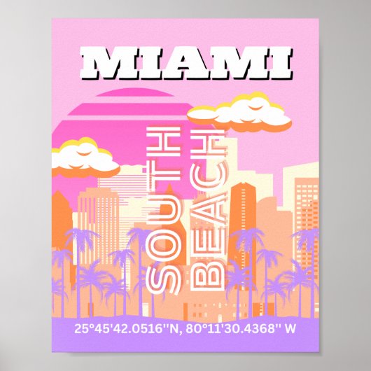 Miami Beach, Miami Travel Art, Preppy Room, roze Poster (Voorkant)