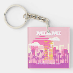 Miami Beach, Miami Travel Art, Preppy Room, roze Sleutelhanger