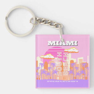 Miami Beach, Miami Travel Art, Preppy Room, roze Sleutelhanger