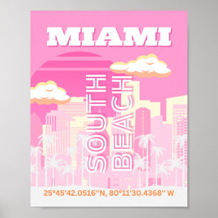 Miami Beach, Miami Travel Art, Preppy, Roze Poster