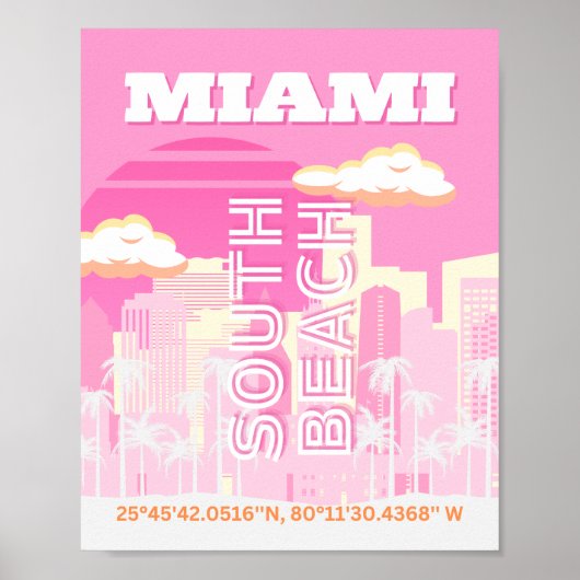 Miami Beach, Miami Travel Art, Preppy, Roze Poster (Voorkant)