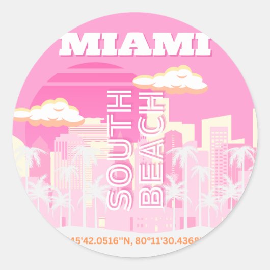 Miami Beach, Miami Travel Art, Preppy, Roze Ronde Sticker (Voorkant)