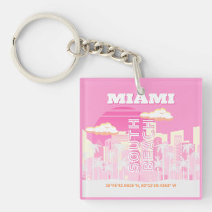 Miami Beach, Miami Travel Art, Preppy, Roze Sleutelhanger