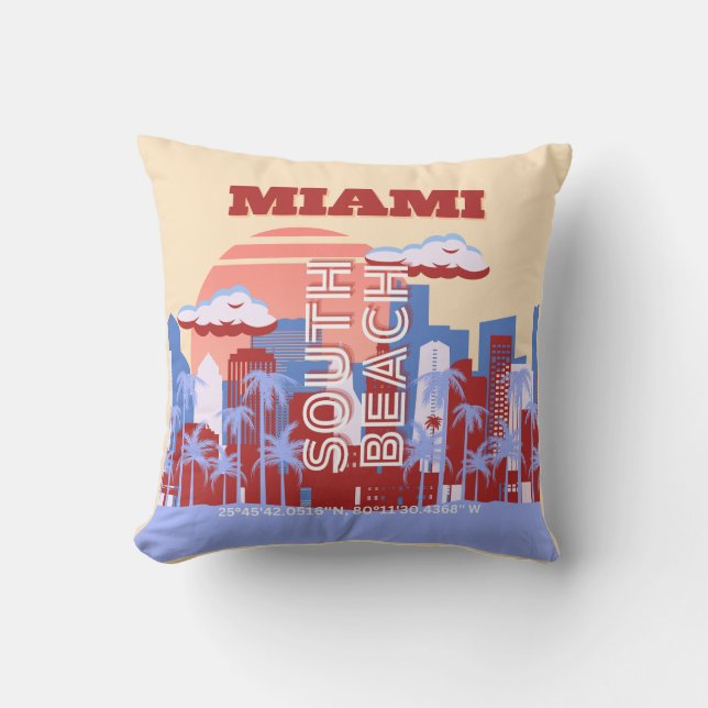 Miami Beach, Miami Travel Art, Retro Kussen (Voorkant)
