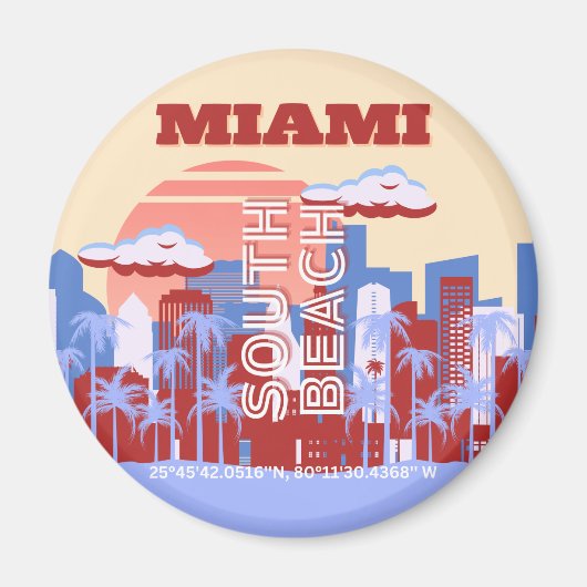 Miami Beach, Miami Travel Art, Retro Magneet (Voorkant)