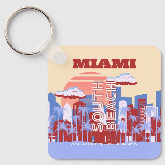 Miami Beach, Miami Travel Art, Retro Sleutelhanger (Voorkant)