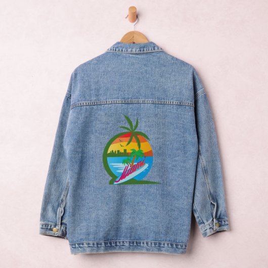 Miami Beach Palm Trees and Surfing Board Denim Jacket (Hangar)