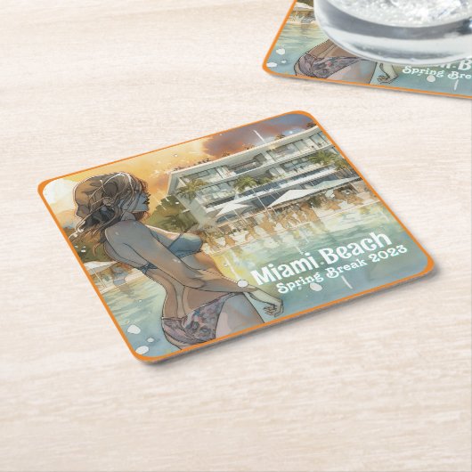 Miami Beach Spring Break Girl in Pool Waterverf Kartonnen Onderzetters (Schuin)