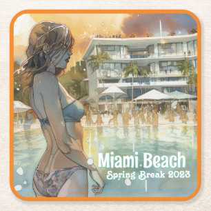 Miami Beach Spring Break Girl in Pool Waterverf Kartonnen Onderzetters