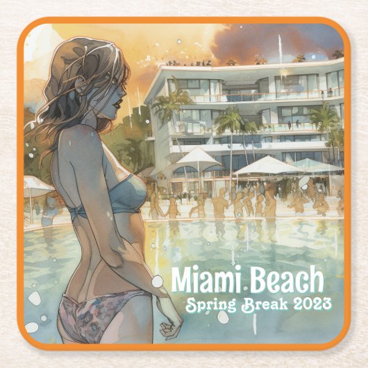 Miami Beach Spring Break Girl in Pool Waterverf Kartonnen Onderzetters (Voorkant)