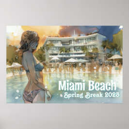 Miami Beach Spring Break Girl in Pool Waterverf Poster