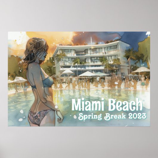 Miami Beach Spring Break Girl in Pool Waterverf Poster (Voorkant)
