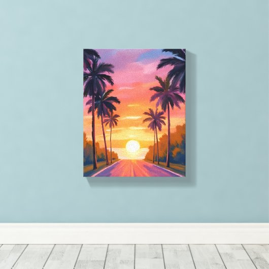 Miami Beach Sunset Palm Tree Tropical Canvas Afdruk (Insitu (Houten vloer))