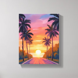 Miami Beach Sunset Palm Tree Tropical Canvas Afdruk