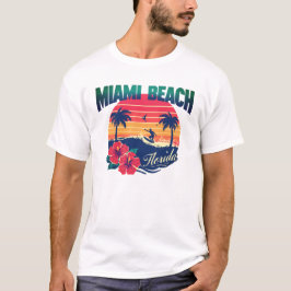 Miami Beach Surfer Sunset Hibiscus Florida Travel T-shirt