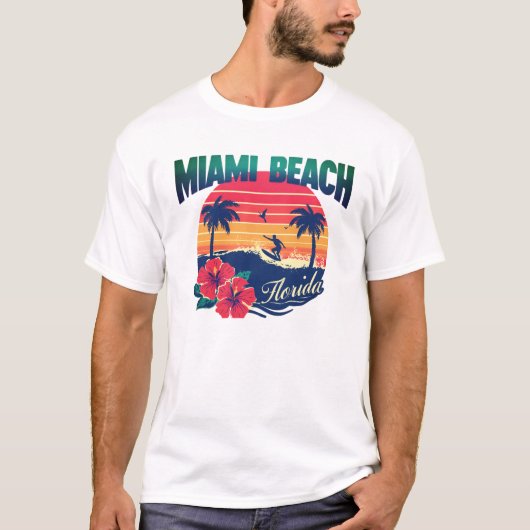 Miami Beach Surfer Sunset Hibiscus Florida Travel T-shirt (Voorkant)