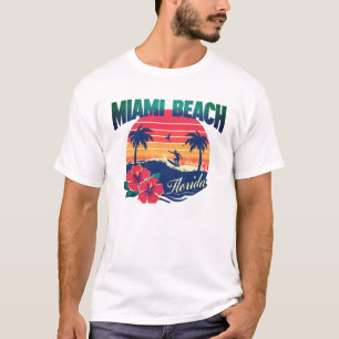 Miami Beach Surfer Zonsondergang Hibiscus Florida T-shirt