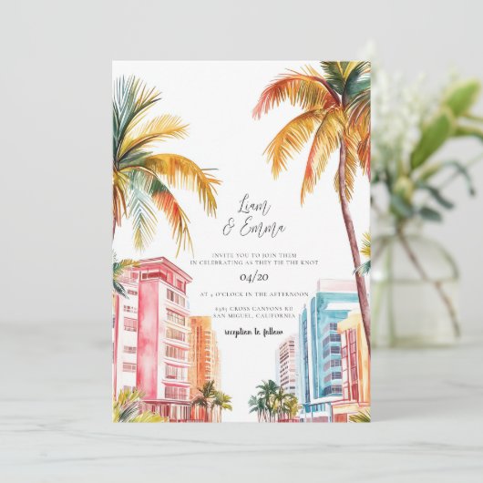 Miami Beach Waterverf bruiloft Kaart (Staand voorkant)