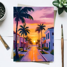 Miami Beach Zonsondergang | Oceaan Florida Aquarel Briefkaart