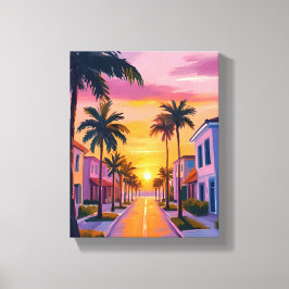 Miami Beach Zonsondergang | Oceaan Florida Aquarel Canvas Afdruk