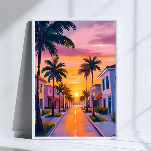 Miami Beach Zonsondergang   Oceaan Florida Aquarel Poster
