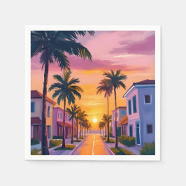 Miami Beach Zonsondergang | Oceaan Florida Aquarel Servet