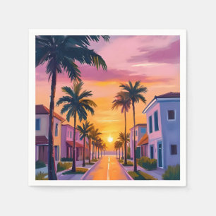 Miami Beach Zonsondergang   Oceaan Florida Aquarel Servet