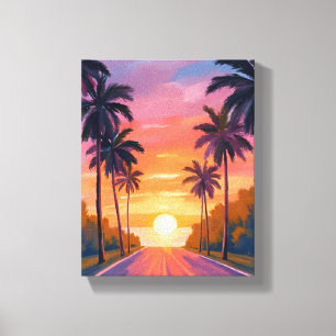 Miami Beach Zonsondergang Palmboom Tropisch Canvas Afdruk