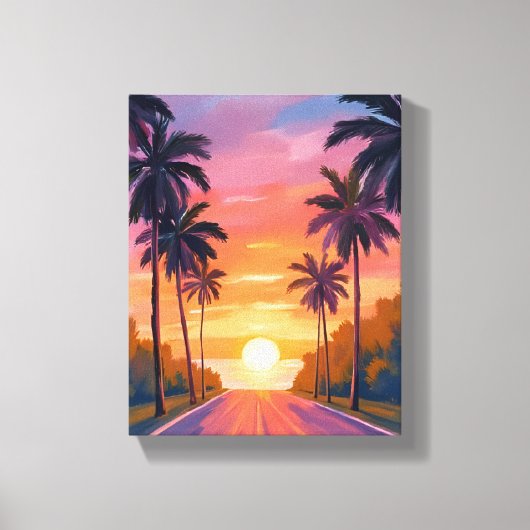 Miami Beach Zonsondergang Palmboom Tropisch Canvas Afdruk (Voorkant)