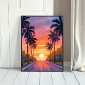 Miami Beach Zonsondergang Palmboom Tropisch Poster