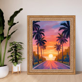 Miami Beach Zonsondergang Palmboom Tropisch Poster
