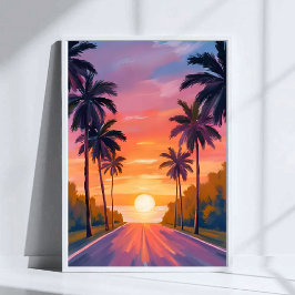 Miami Beach Zonsondergang Palmboom Tropisch Poster