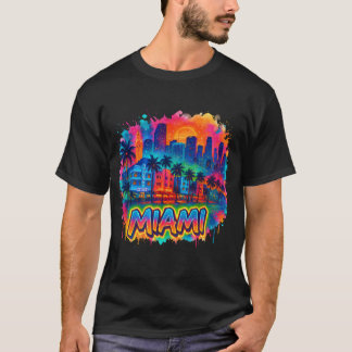 Miami City Neon Skyline met Tropical Vibe Art T-shirt