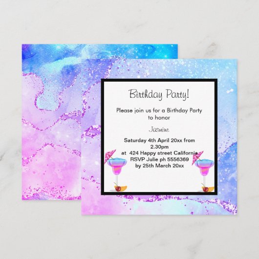 MIAMI DISCO COCKTAIL BIRTHDAY ARTIJ INVITATIE KAART (Voorkant / Achterkant)