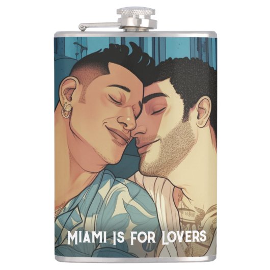 Miami Downtown Gay Mannen Cuddling Illustratie Heupfles (Voorkant)