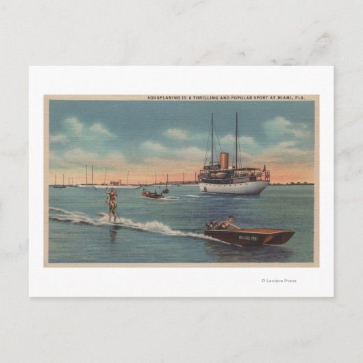 Miami, FL - Water Skiing Scene, Wooden Boat Briefkaart (Voorkant)