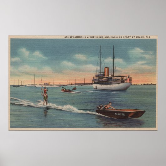 Miami, FL - Water Skiing Scene, Wooden Boat Poster (Voorkant)