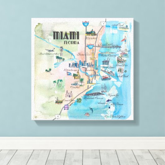 Miami Florida Fine Art Print Retro  kaart (Insitu (Houten vloer))