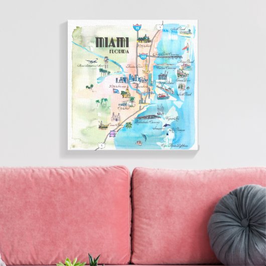 Miami Florida Fine Art Print Retro  kaart (Insitu (Woonkamer))